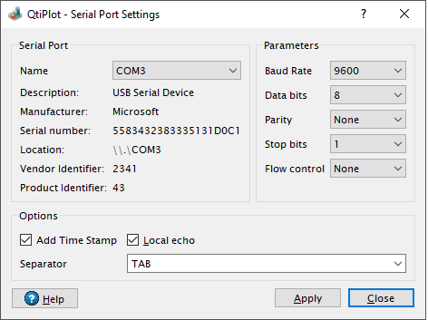 Serial port settings dialog.