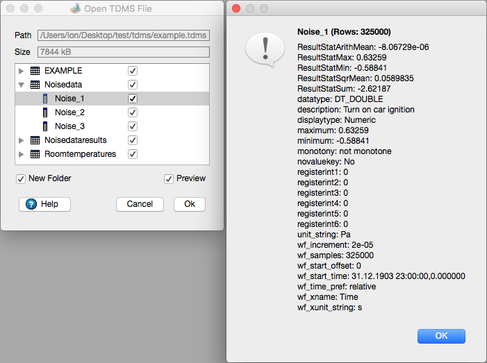 The import TDMS file dialog allows easy preview of channel properties.